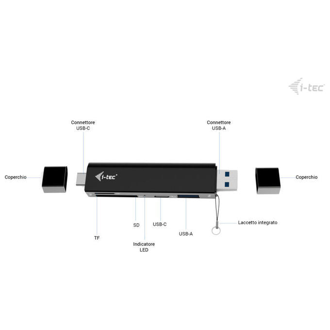 I-tec CADONGLEUSBSD Dongle USB-C-USB-A con Lettore SD e TF 2 Porte USB 3.2 Gen 1 5 Gbps colore Nero