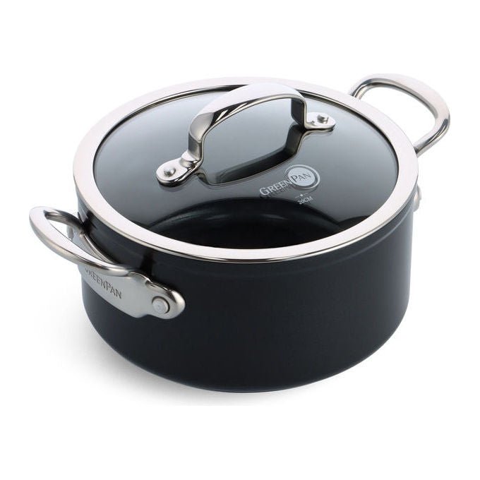 GreenPan 4895156693239 Barcelona Pro Casseruola con Rivestimento Antiaderente in Ceramica 20 cm Capacita' 3,1 L Adatta a Tutti i Piani Cottura incluso Induzione Lavabile in Lavastoviglie Manico in Acciaio Inossidabile Coperchio in Vetro colore Nero