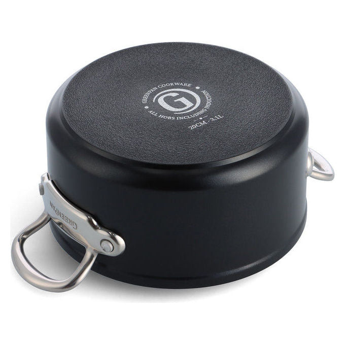 GreenPan 4895156693239 Barcelona Pro Casseruola con Rivestimento Antiaderente in Ceramica 20 cm Capacita' 3,1 L Adatta a Tutti i Piani Cottura incluso Induzione Lavabile in Lavastoviglie Manico in Acciaio Inossidabile Coperchio in Vetro colore Nero