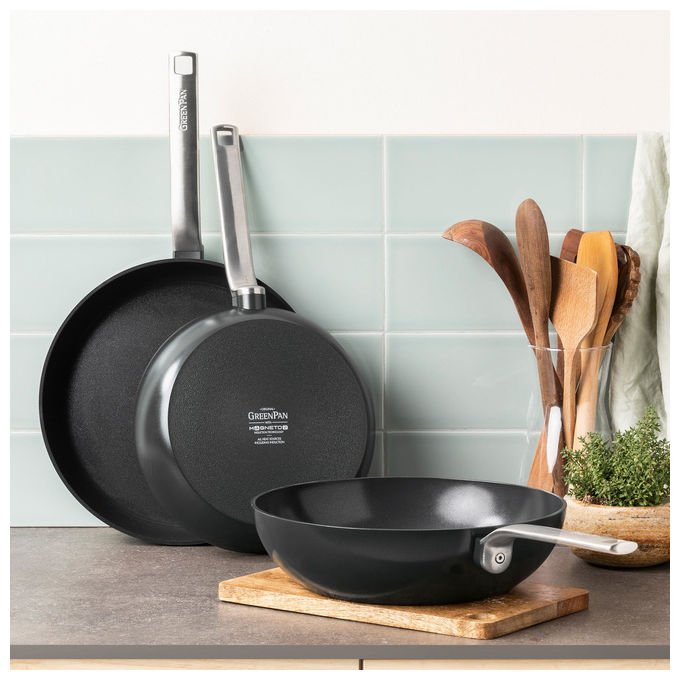 GreenPan CC006388-001 Wok Evolution 28 cm Diametro 28 cm Fondo adatto per induzione Rivestimento antiaderente in ceramica colore Nero