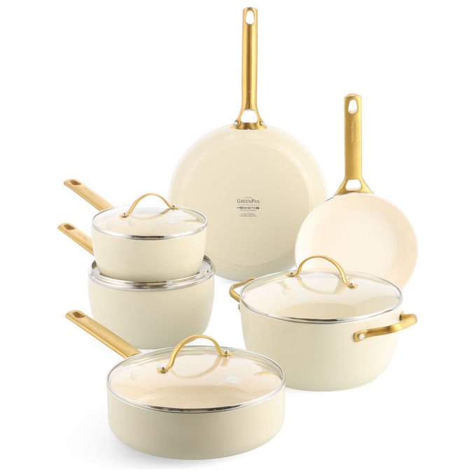 GreenPan CC008495-001 Padova Reserve Set pentole e padelle 10 pezzi Alluminio con rivestimento ceramico Antiderente per induzione Forno fino a 200 °C colore Crema
