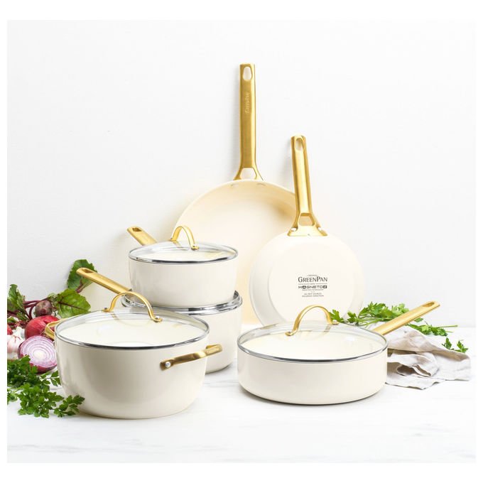 GreenPan CC008495-001 Padova Reserve Set pentole e padelle 10 pezzi Alluminio con rivestimento ceramico Antiderente per induzione Forno fino a 200 °C colore Crema