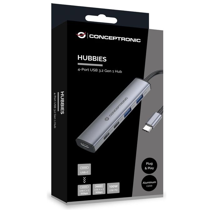 Conceptronic HUBBIES22G Hub USB 3.2 Gen 1 5 Gbps 2 Porte USB-C 2 Porte USB-A Alimentazione USB-C PD 100W colore Grigio