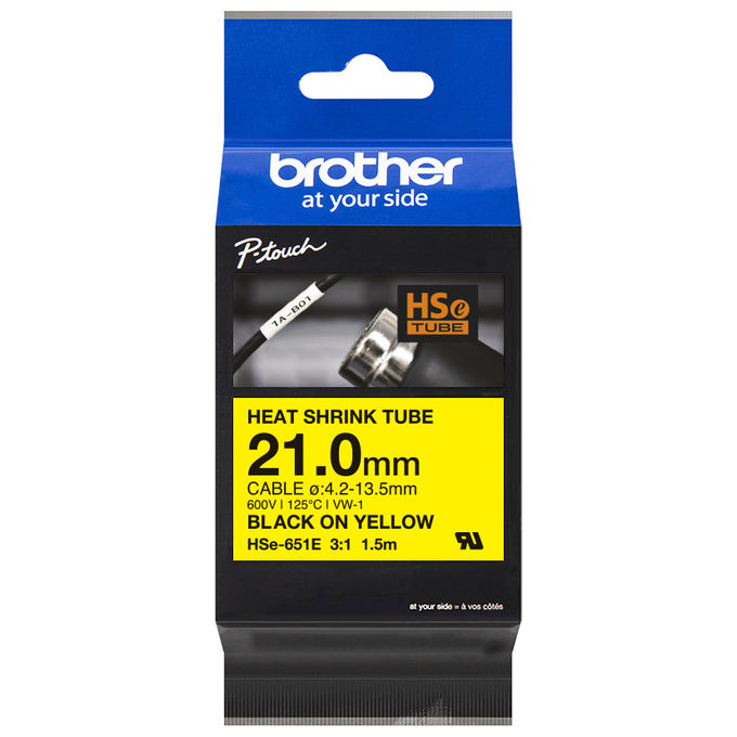 Brother HSE-651E Nastro Termorestringente per Etichettatrici P-touch 21,0 mm Nero su Giallo colore Giallo