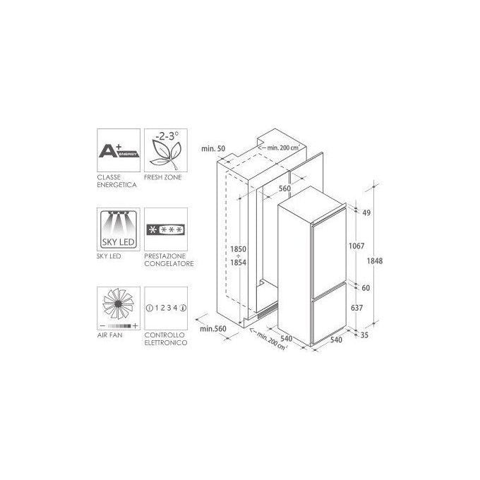 Candy CKBBS 182 FT Frigorifero Combinato Statico Ventilato da Incasso Capacita' 240 Litri Classe energetica A+ Controllo  Elettronico 185 cm Bianco