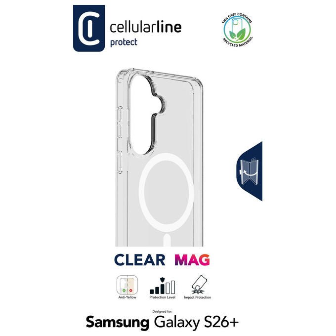 Cellularline CLEARMAGALS26PLT Clear Mag Custodia Cover Samsung Galaxy S26 Plus Rigida Bordo Gomma Qi2 MagSafe Anti-ingiallimento Antibatterica colore Trasparente