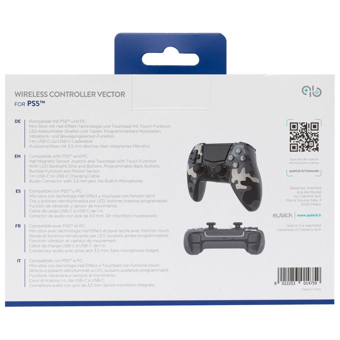 Qubick COP50040 Gamepad per PlayStation 5 e PC con Stick Hall Effect Pulsanti Programmabili Vibrazione Touchpad Audio USB-C Nero