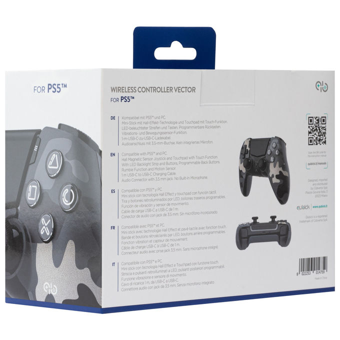 Qubick COP50040 Gamepad per PlayStation 5 e PC con Stick Hall Effect Pulsanti Programmabili Vibrazione Touchpad Audio USB-C Nero