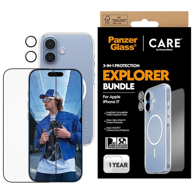 PanzerGlass CR46095 CARE by PanzerGlass 3-in-1 Flagship Explorer Bundle Pellicola proteggischermo trasparente Vetro temperato Resistente a graffi Resistente agli urti Applicazione a secco colore Trasparente