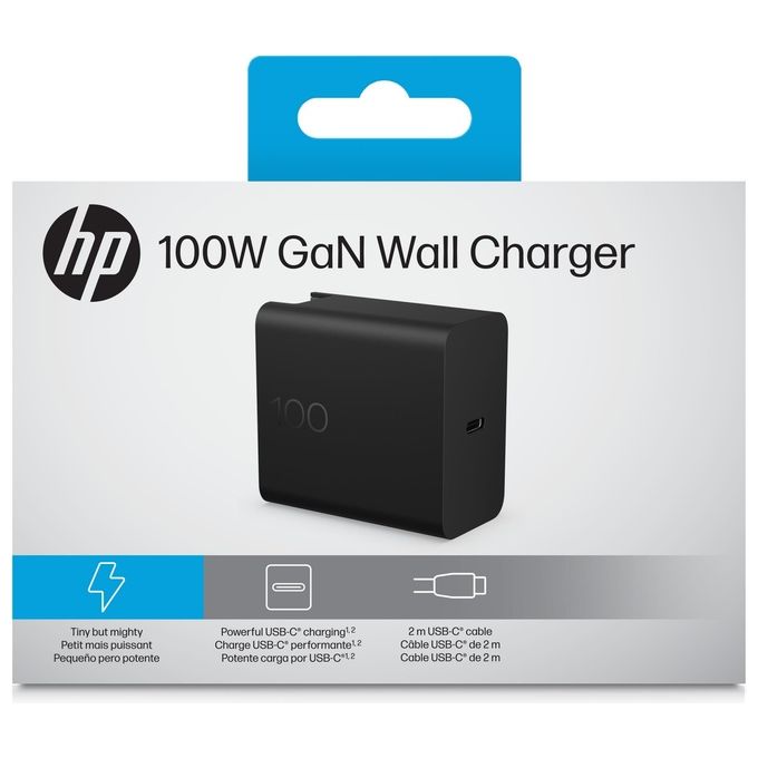 HP CS9V8AA Caricabatterie da Parete 100 W USB C PD 3.0 Tecnologia GaN Compatto e Leggero con Cavo 2 m Incluso colore Nero