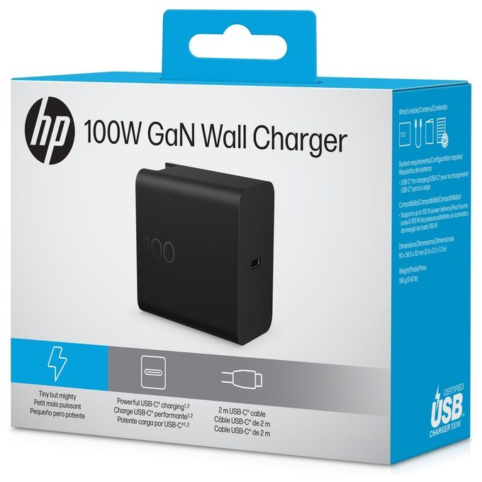 HP CS9V8AA Caricabatterie da Parete 100 W USB C PD 3.0 Tecnologia GaN Compatto e Leggero con Cavo 2 m Incluso colore Nero