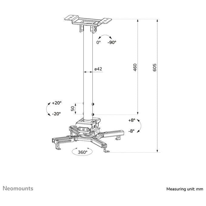 Neomounts CL25-540WH1 Supporto a soffitto per proiettore regolabile in altezza da 60,5 a 90,5 cm rotazione 360° inclinazione ±20° capacita' 35 Kg colore Bianco