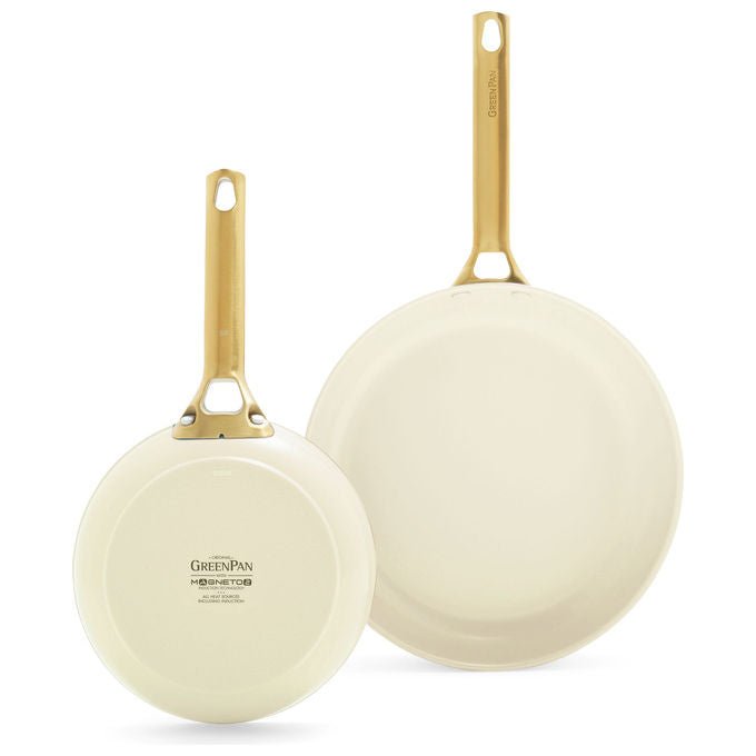 GreenPan CW-CC008494-001 Padova Set di Padelle 20+26 cm Rivestimento Ceramico Antiaderente con Diamanti Manici Ergonomici Base Spessa per Distribuzione Uniforme del Calore colore Crema con Manici Dorati