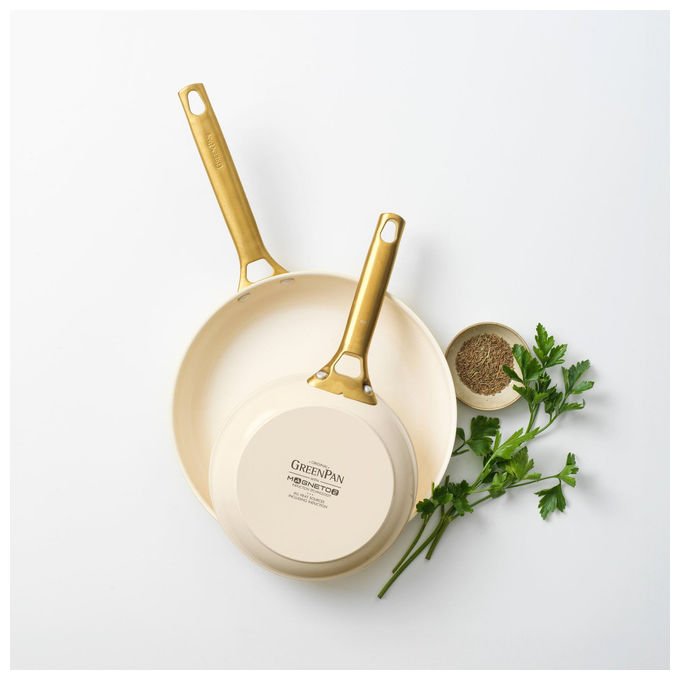 GreenPan CW-CC008494-001 Padova Set di Padelle 20+26 cm Rivestimento Ceramico Antiaderente con Diamanti Manici Ergonomici Base Spessa per Distribuzione Uniforme del Calore colore Crema con Manici Dorati