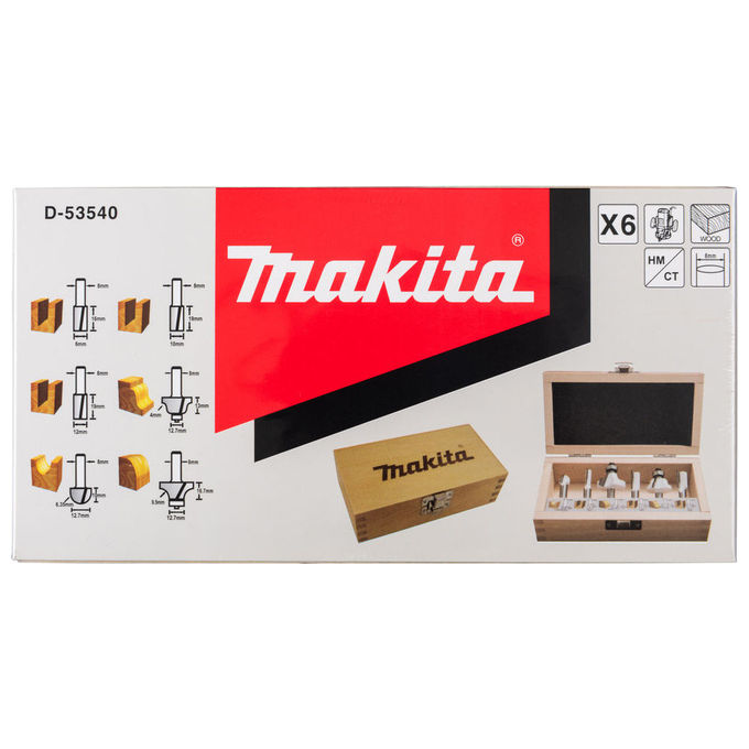 Makita D-53540 Set di Taglierine per Fresatura 6 Pezzi Gambo 8 mm colore Nero