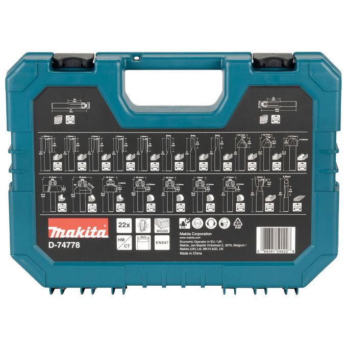 Makita D-74778 Set di taglierine per fresatura 22 pezzi in custodia punta Ø 8 mm per legno colore Metallico