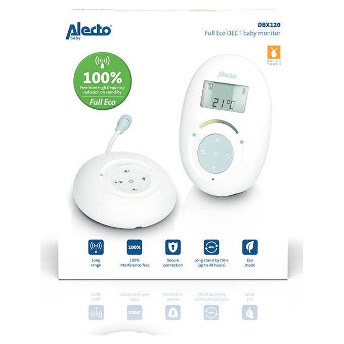 Alecto DBX120 Full Eco DECT Baby Monitor con Funzione Talk-Back e 5 Ninne Nanne Pre-programmate colore Bianco Blu