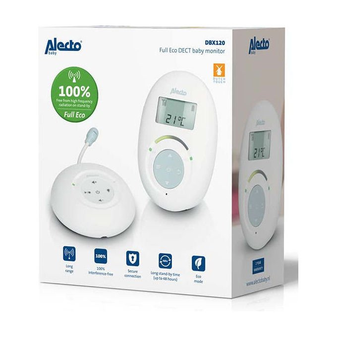 Alecto DBX120 Full Eco DECT Baby Monitor con Funzione Talk-Back e 5 Ninne Nanne Pre-programmate colore Bianco Blu