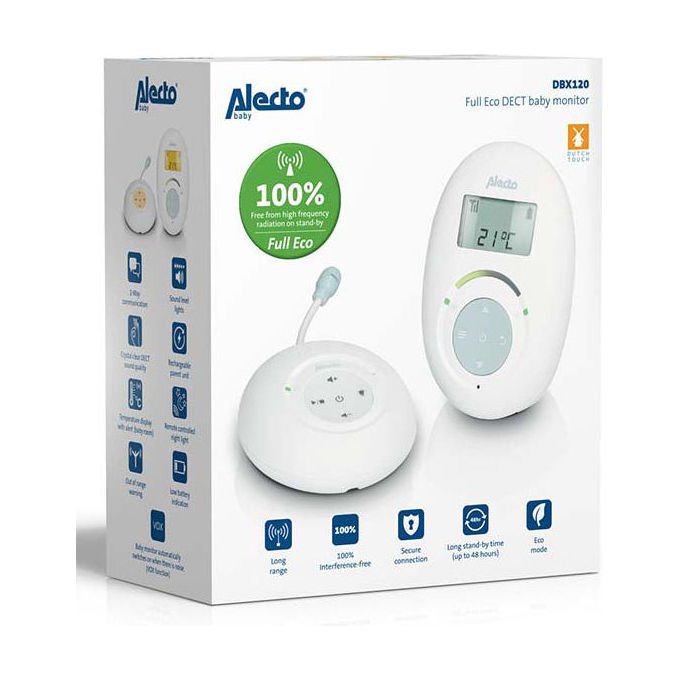 Alecto DBX120 Full Eco DECT Baby Monitor con Funzione Talk-Back e 5 Ninne Nanne Pre-programmate colore Bianco Blu