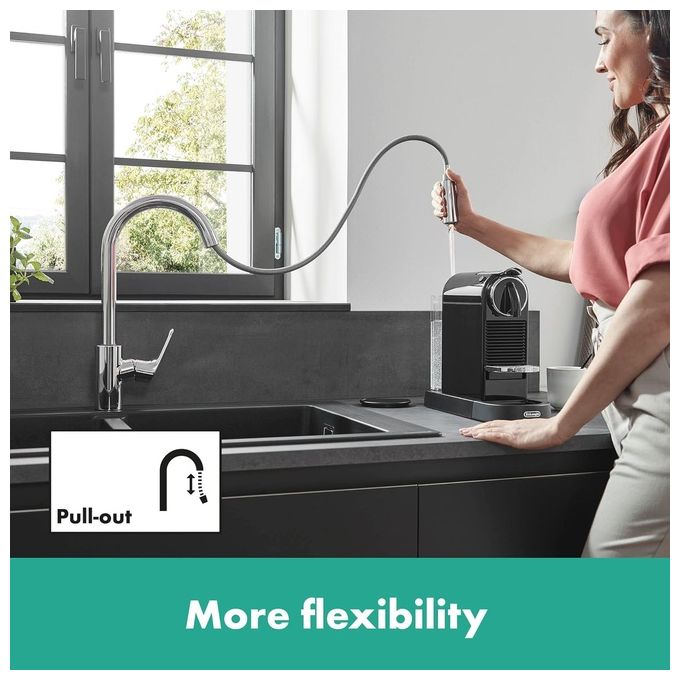 Hansgrohe Focus M41 - Rubinetto da cucina con doccetta estraibile (2 getti) Miscelatore cucina con altezza bocca 240 mm Rubinetto monocomando con bocca girevole cromo Cromo ComfortZone 240 mm