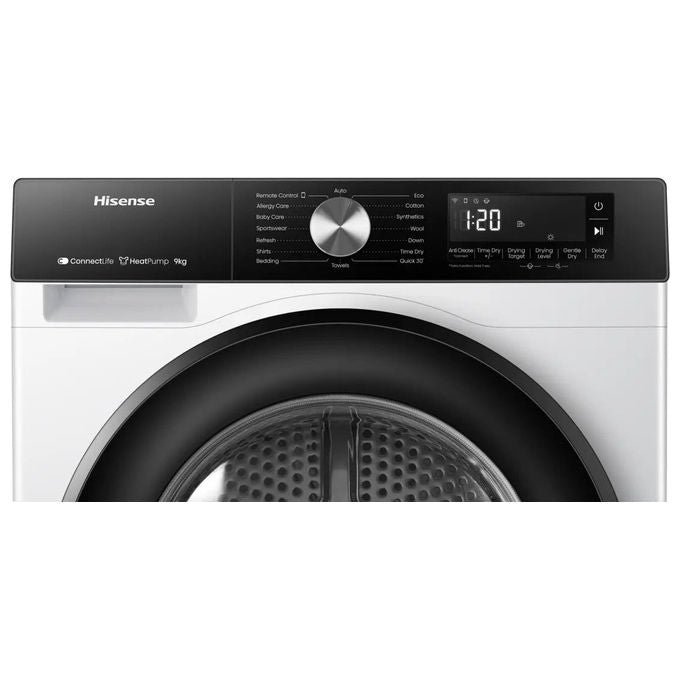 Hisense DH3S902BWCC Asciugatrice a condensa con pompa di calore 9 Kg 16 programmi ConnectLife TwinAir AutoDry (670x645x885 cm) colore Bianco