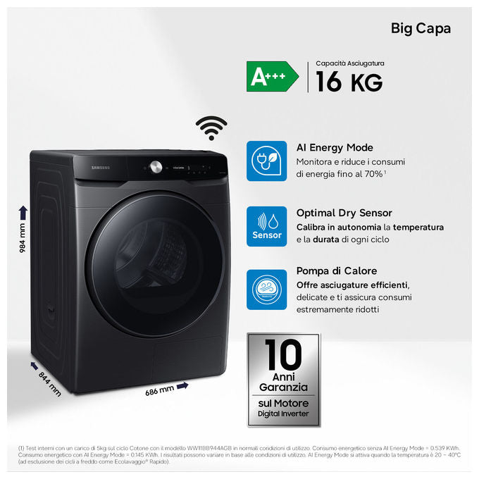Samsung DV16DG8600BV Serie 8000 Asciugatrice Pompa di Calore 16 Kg Classe A+++ Wi-Fi AI Dry Programma Igienizzante (98,4x68,6x84,4 cm) colore Nero