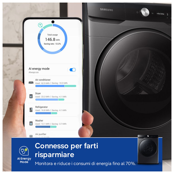 Samsung DV16DG8600BV Serie 8000 Asciugatrice Pompa di Calore 16 Kg Classe A+++ Wi-Fi AI Dry Programma Igienizzante (98,4x68,6x84,4 cm) colore Nero