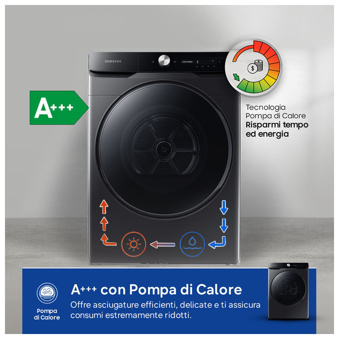 Samsung DV16DG8600BV Serie 8000 Asciugatrice Pompa di Calore 16 Kg Classe A+++ Wi-Fi AI Dry Programma Igienizzante (98,4x68,6x84,4 cm) colore Nero