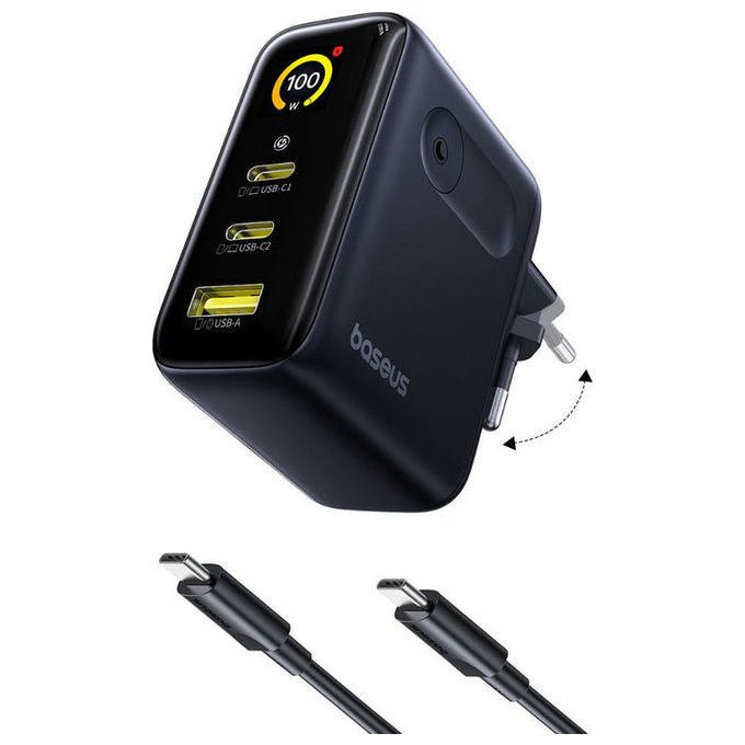 Baseus PICOAE21 PicoGo Caricabatterie 100W Tecnologia GaN 3 Porte 2x USB-C 1x USB-A colore Nero