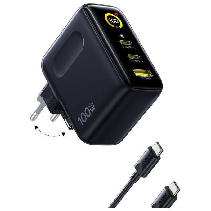 Baseus PICOAE21 PicoGo Caricabatterie 100W Tecnologia GaN 3 Porte 2x USB-C 1x USB-A colore Nero