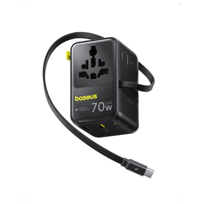 Baseus E0307E00 EnerCore CG11 Adattatore Universale da Viaggio con Cavo Retrattile 2AC 2U 2C 70W colore Nero