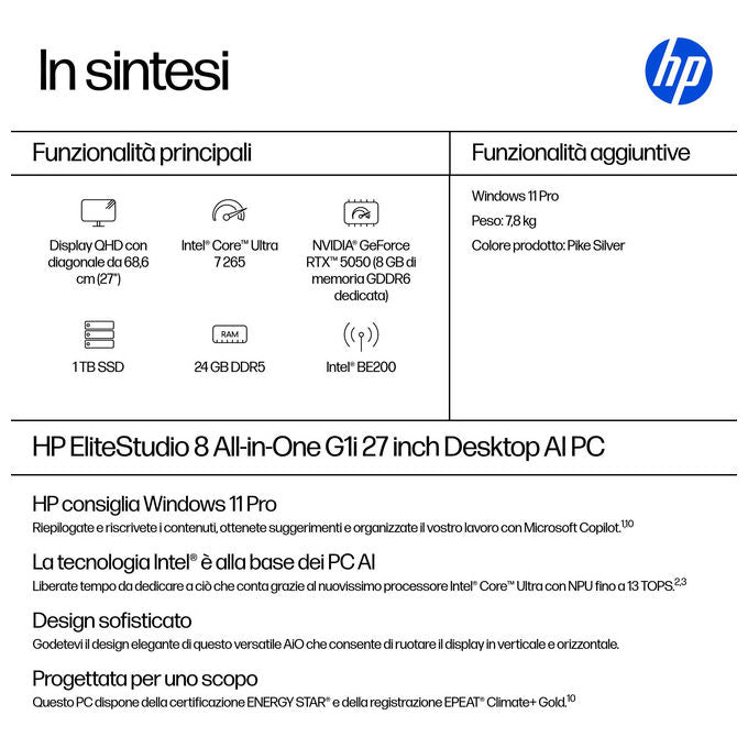 HP E07KKAT All-in-One PC Intel Core Ultra 7 24 GB DDR5-SDRAM 2560 x 1440 Pixel 27'' Wi-Fi 7 Bluetooth 5.4 Windows 11 Pro colore Argento