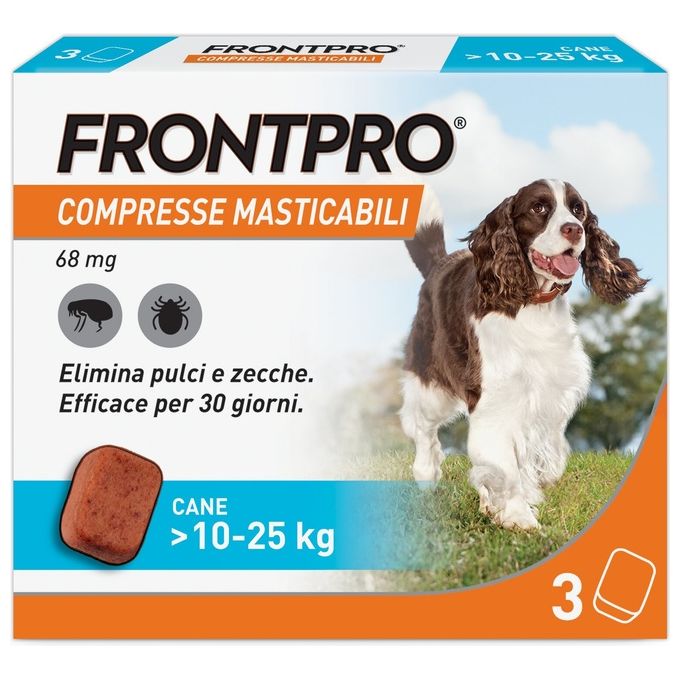 FRONTPRO 105682088 Compresse Masticabili Antiparassitarie per Cani da 10 a 25 Kg con Afoxolaner 68 mg Confezione da 3 Compresse colore Bianco
