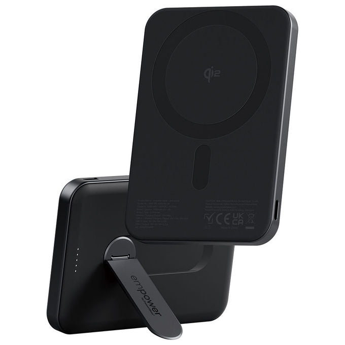 PanzerGlass EM23165 empower Powerbank 5000 mAh con caricamento wireless Qi2 e supporto girevole colore Space Black