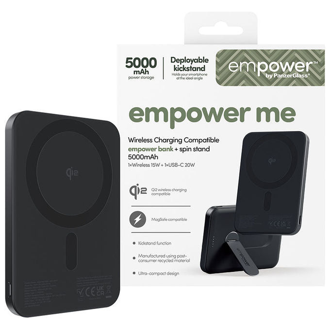 PanzerGlass EM23165 empower Powerbank 5000 mAh con caricamento wireless Qi2 e supporto girevole colore Space Black