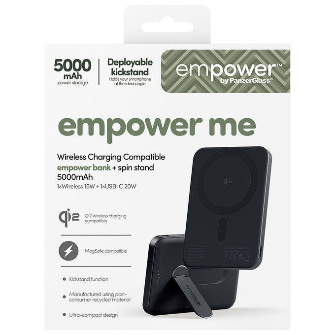 PanzerGlass EM23165 empower Powerbank 5000 mAh con caricamento wireless Qi2 e supporto girevole colore Space Black
