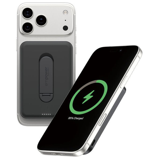 PanzerGlass EM23165 empower Powerbank 5000 mAh con caricamento wireless Qi2 e supporto girevole colore Space Black