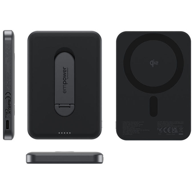 PanzerGlass EM23165 empower Powerbank 5000 mAh con caricamento wireless Qi2 e supporto girevole colore Space Black