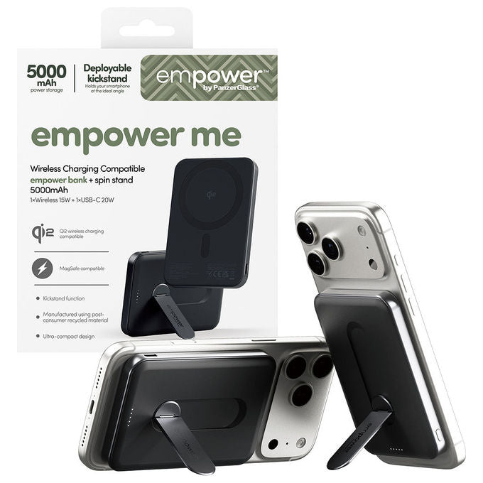 PanzerGlass EM23165 empower Powerbank 5000 mAh con caricamento wireless Qi2 e supporto girevole colore Space Black