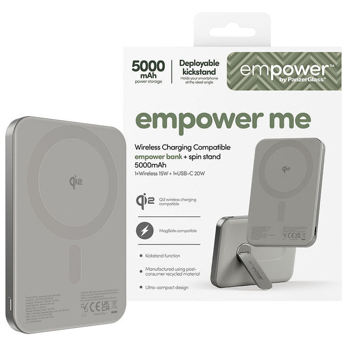PanzerGlass EM34876 empower Bank con Spin Stand 5000mAh 15W Wireless 20W USB-C colore Titanio