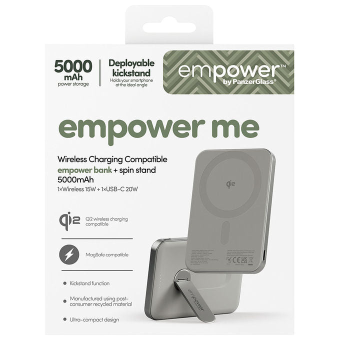 PanzerGlass EM34876 empower Bank con Spin Stand 5000mAh 15W Wireless 20W USB-C colore Titanio