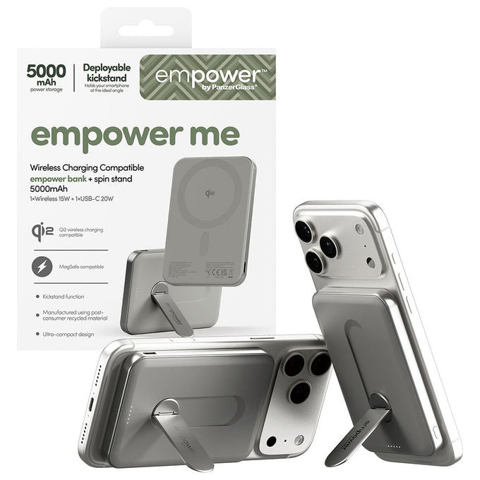PanzerGlass EM34876 empower Bank con Spin Stand 5000mAh 15W Wireless 20W USB-C colore Titanio