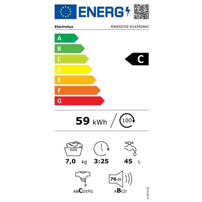 Electrolux EW6S570I Perfect Care 600 Lavatrice Slim Carica Frontale SensiCare Vapore Igienizzante Classe energetica C Capacita' di carico 7 Kg Centrifuga 1000 giri Motore Inverter