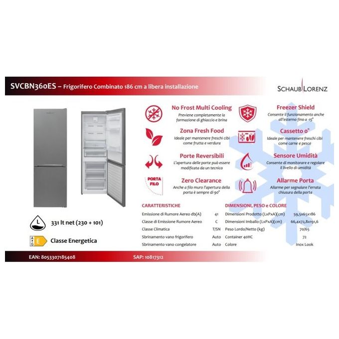 Schaub Lorenz SVCBN360ES Frigorifero combinato 331 Litri Classe F No Frost Inox