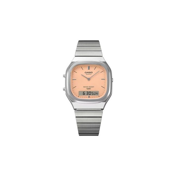 Casio AQ-240E-4AEF Vintage Orologio Analogico Digitale Quarzo con Bracciale Acciaio Inossidabile colore Arancione Salmone
