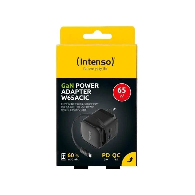 Intenso 7806522 Power Adapter W65ACIC Caricatore USB-C GaN 65 W con Cavo Estraibile USB-C e USB-A colore Bianco