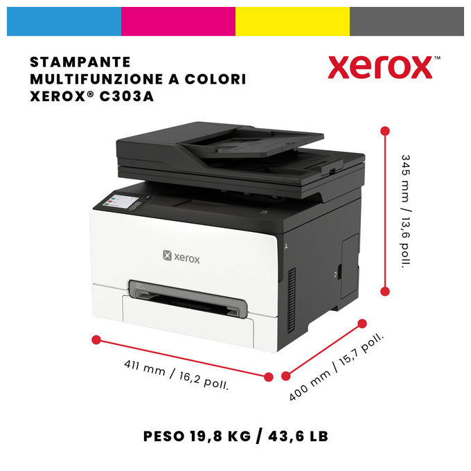 Xerox C303V_AEU C303a Stampante Multifunzione Laser a Colori Velocita' 32 ppm Stampa Fronte Retro Wi-Fi Risoluzione 2400 x 600 DPI colore Bianco e Nero