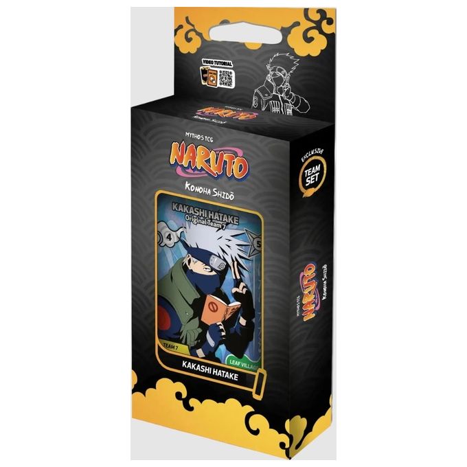 Cicaboom 8052532637973 Naruto Mythos TCG Teamset Kakashi Hatake Base Mazzo Inglese espansione Konoha Shidō 3 bustine 10 carte a busta carta promozionale esclusiva colore Nero