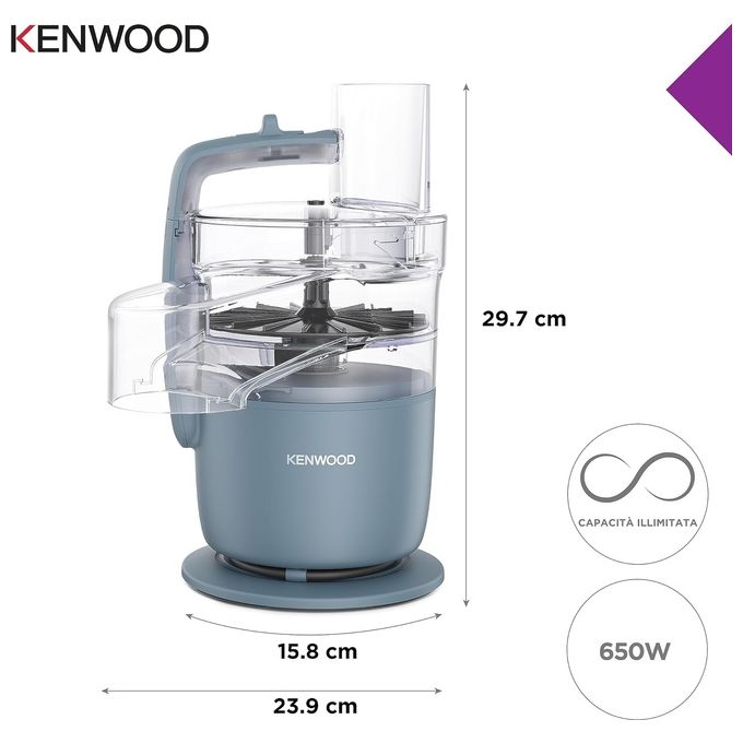 Kenwood MultiPro Go FDP22.130GY - Robot da cucina multifunzione, capacita' ciotola 1,3 L, potenza 650 W, velocita' 2 + Pulse, accessori inclusi (lama inox, disco 4 mm), funzioni tritare-sminuzzare-grattugiare-affettare, Blu-grigio
