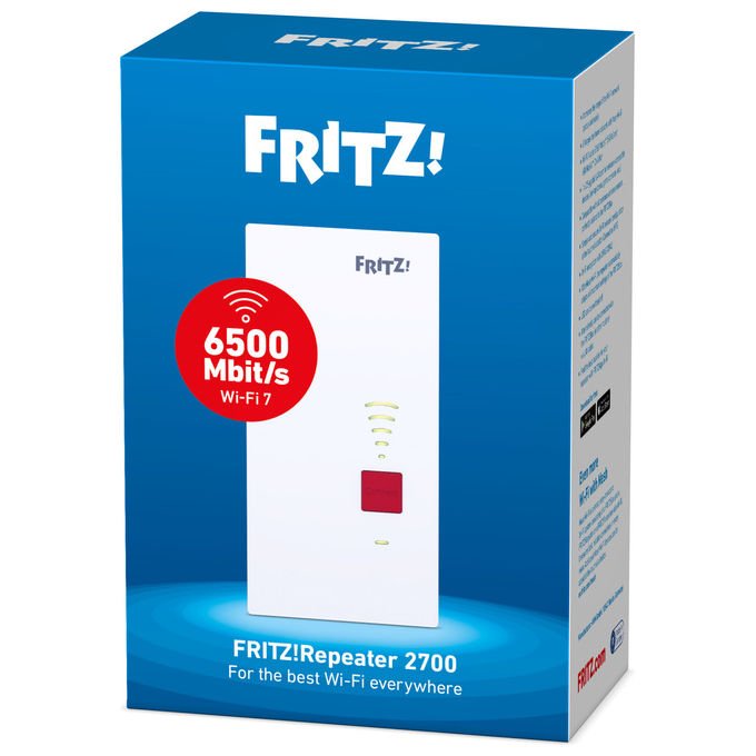 AVM 20003140 FRITZ!Repeater 2700 Range Extender Wi-Fi 7 Mesh Dual Band 6500 Mbit-s LAN 2.5 Gbit-s WPA3 WPA2 colore Bianco
